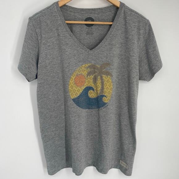 Life Is Good Top Women’s Large Gray Palm Tree Print Coastal Vacation Beach - Picture 1 of 10